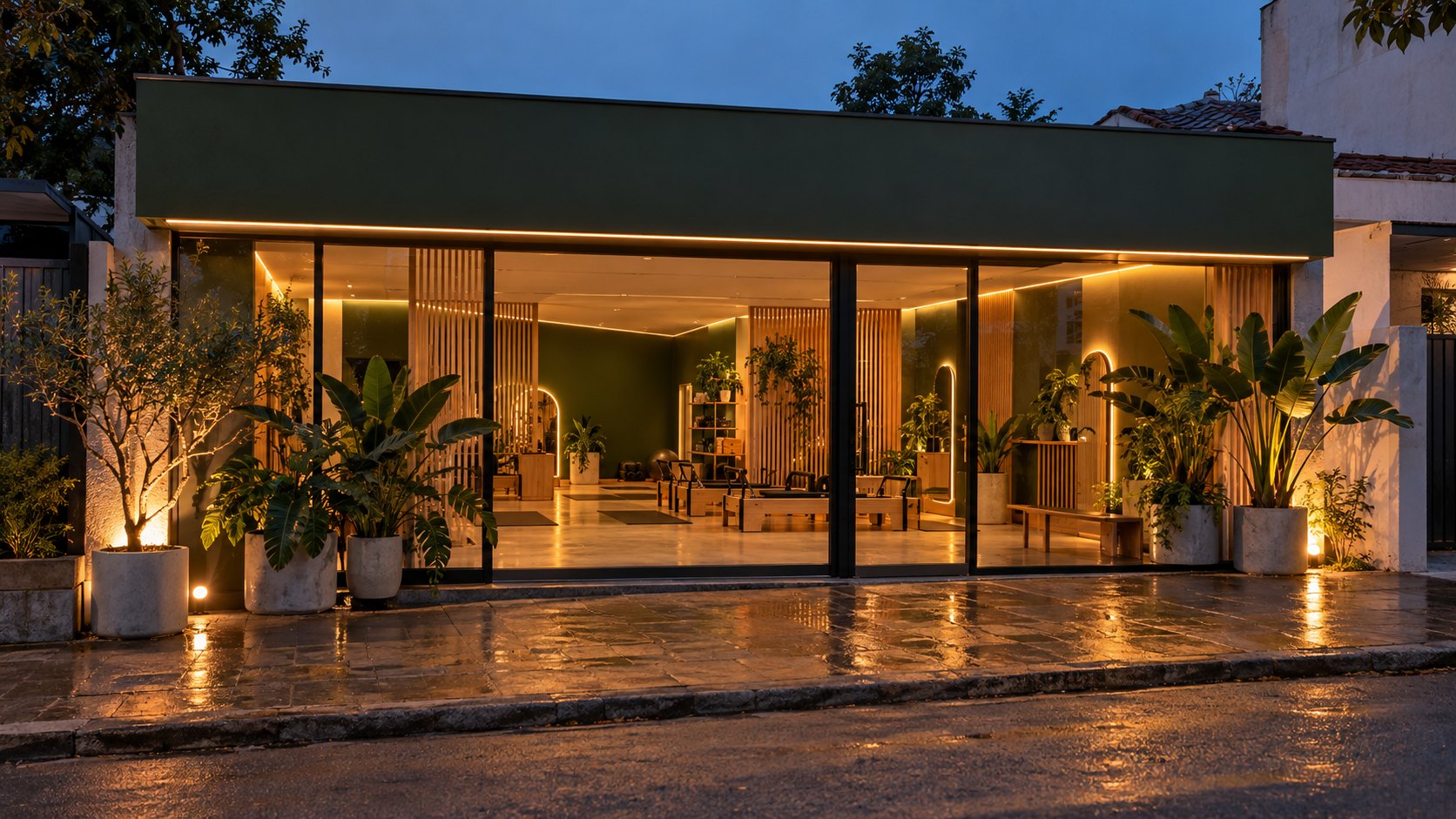 Fachada de vidro de um studio de movimento iluminada à noite, com plantas na entrada