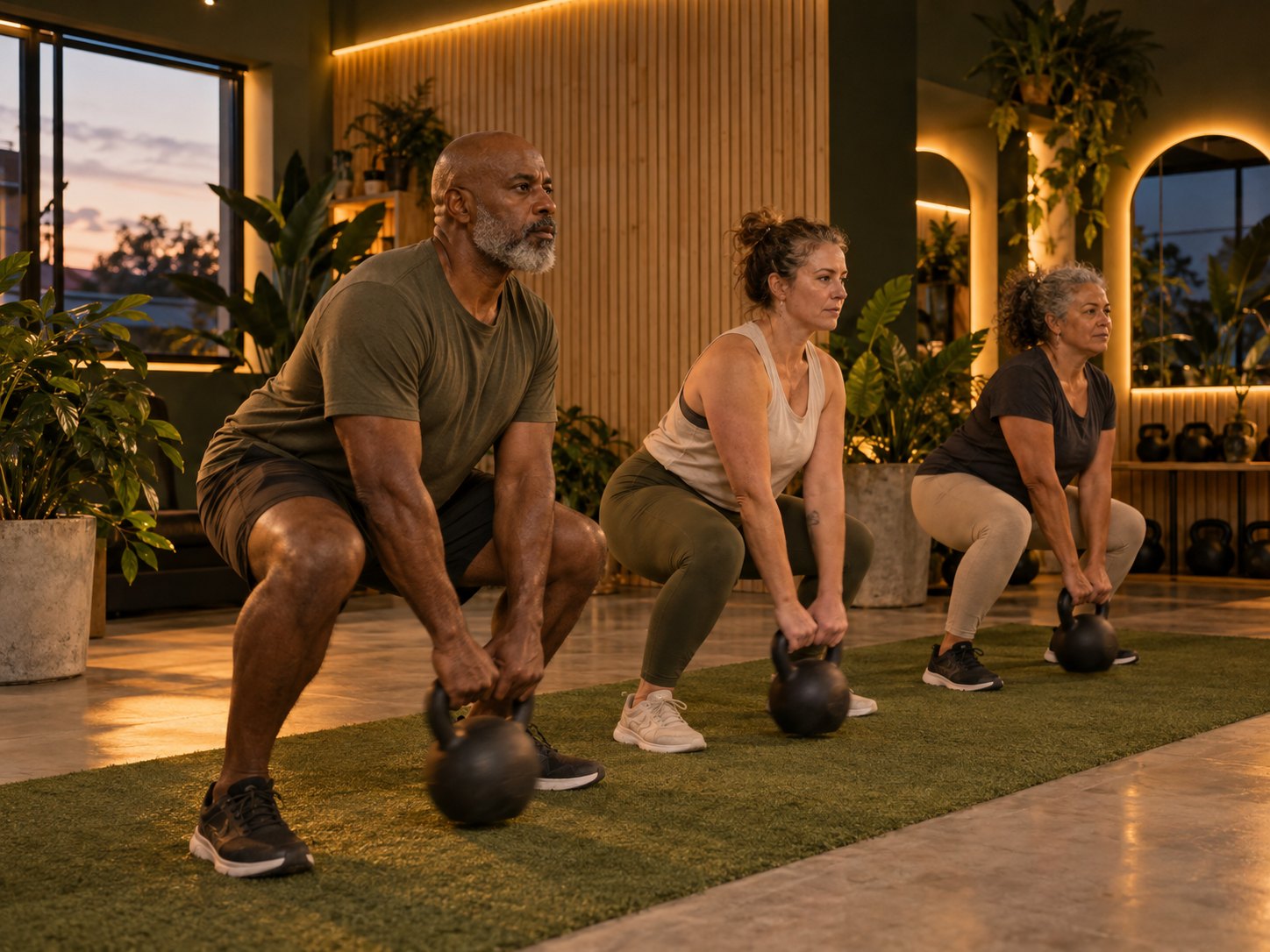 Turma agachando com kettlebell no studio, com plantas e luz quente