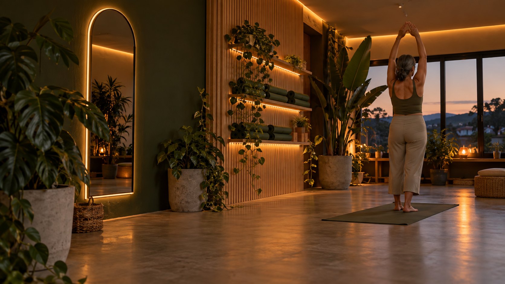 Sala do Espaço Vivaz no fim da tarde, com ripado de madeira, plantas e luz âmbar